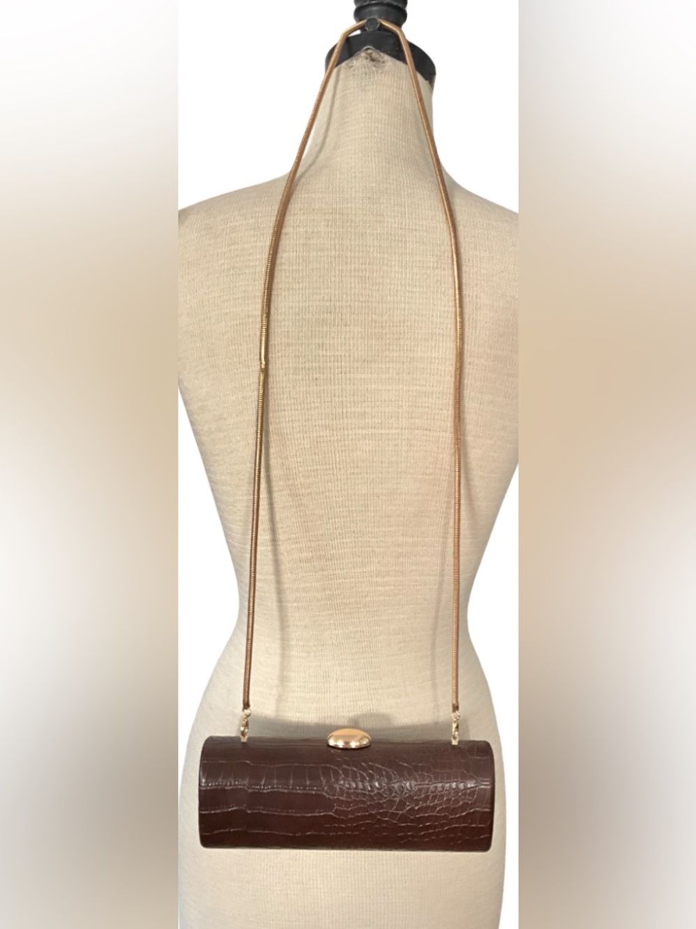 Brown Faux Croc Embossed Hard Case Clutch Evening Bag Gold Chain
